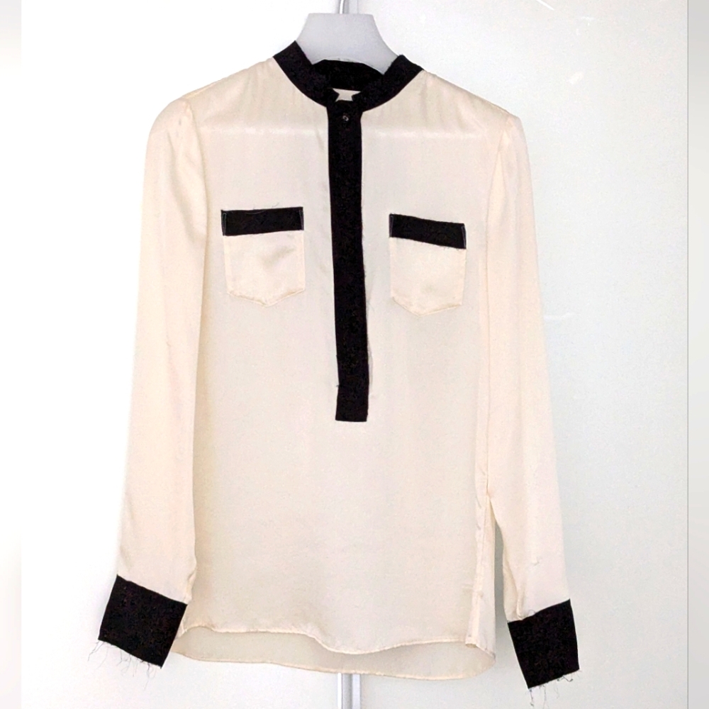 Raw Hem Satin Button Up Top Blouse Black Ivory